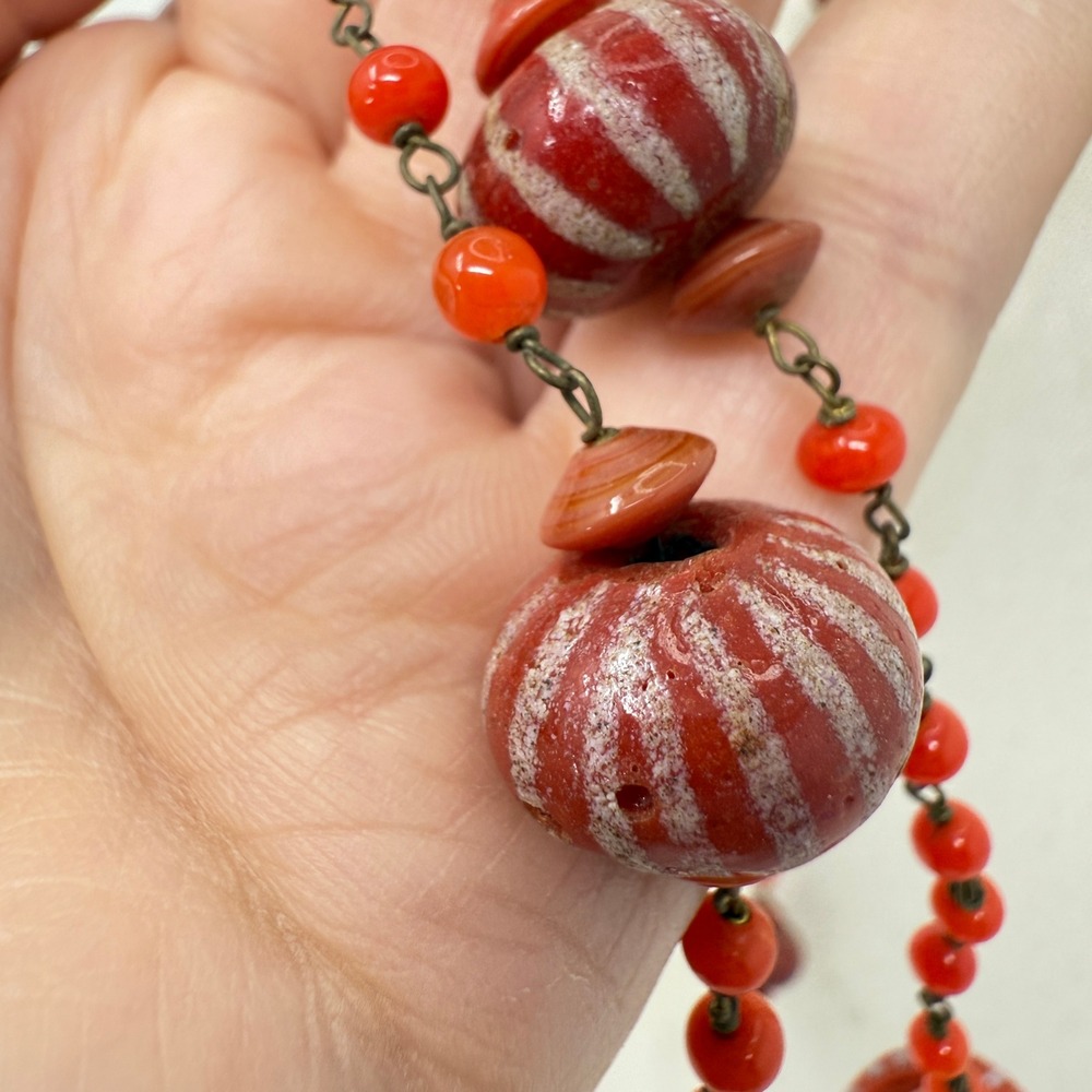 Art Deco Red Glass Bead‎ Flapper Necklace Striped Barrel Lampwork Boho Statement - Picture 3 of 7